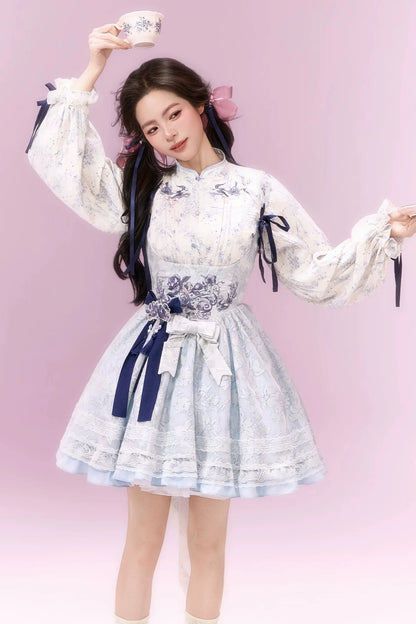 Sweet Chinese-style Dress + Top + Ribbon