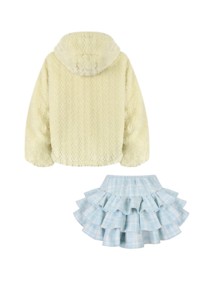 Custard Pudding Yellow Plush Jacket + Blue Plaid Tiered Skirt