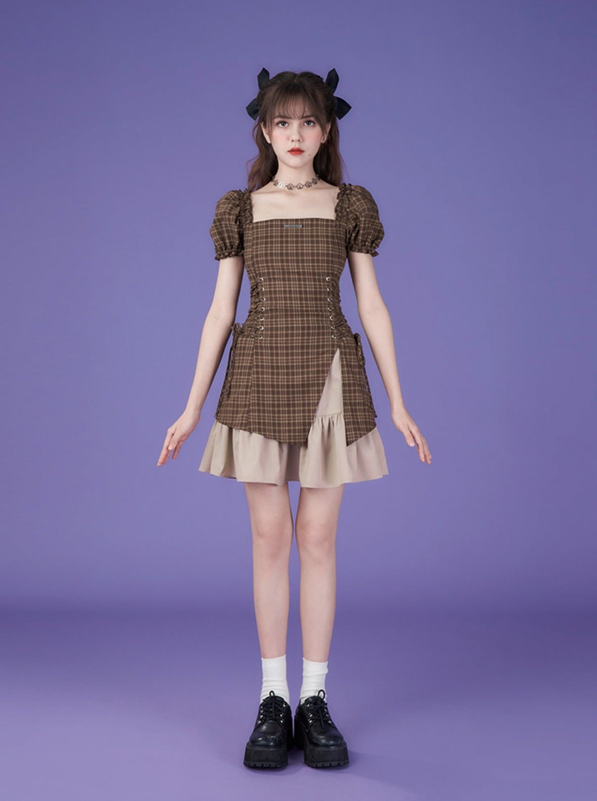 Pure Cool Design Coffee Color Plaid Dress