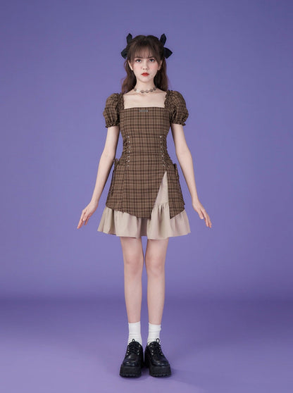 Pure Cool Design Coffee Color Plaid Dress
