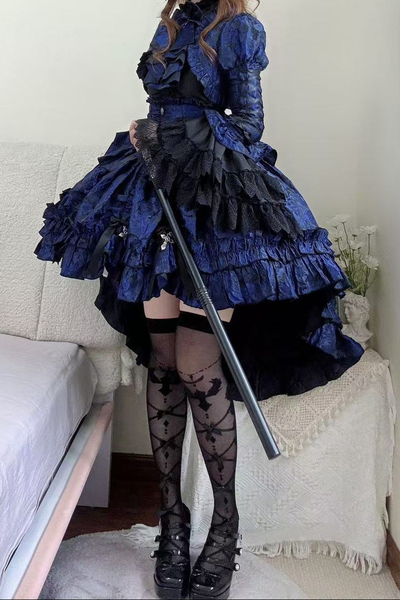 [pre-order Deadline: March 31] Cross Nocturne Gothic Dark Stripe Layered Top + Cross Rose Stripe Pull Up Skirt