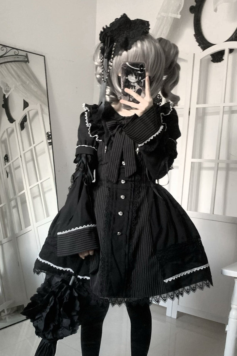 Gothic Doll Striped Lolita Dress + Sleeves