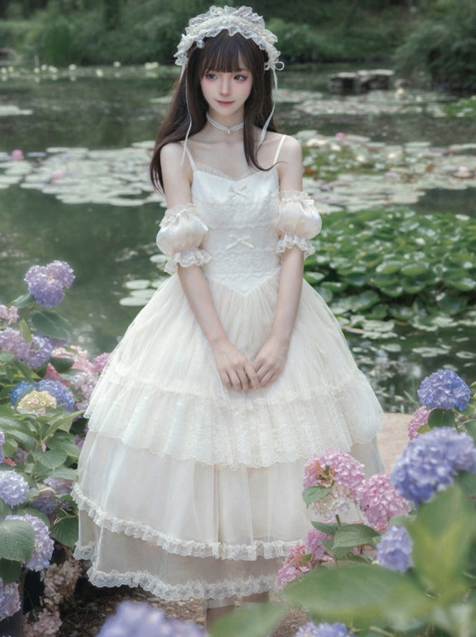 [pre-order] Pure White Girly Lolita Dress + Cardigan + Inner Top + Veil + Sleeves