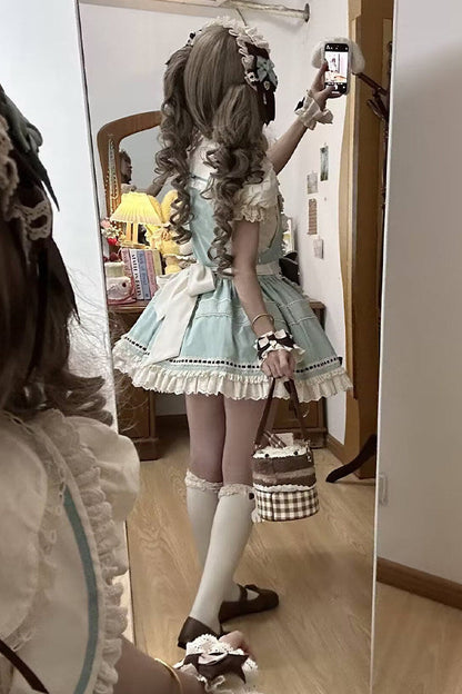 [pre-order Item]chocolate Mint Sailor Collar Girly Maid Dress + Cake Hat