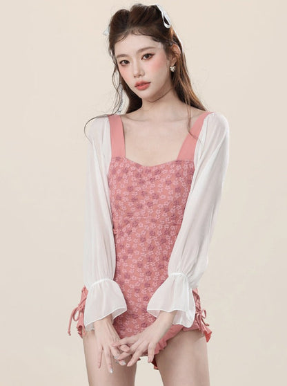Salmon Pink Square Neckline Swimsuit