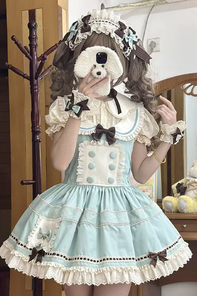 [pre-order Item]chocolate Mint Sailor Collar Girly Maid Dress + Cake Hat