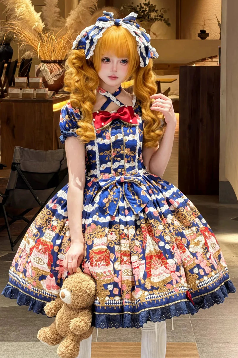 [pre-order Deadline: April 26] Retro Romance Sweet Lolita Ribbon Cake Print Halter Neck Dress