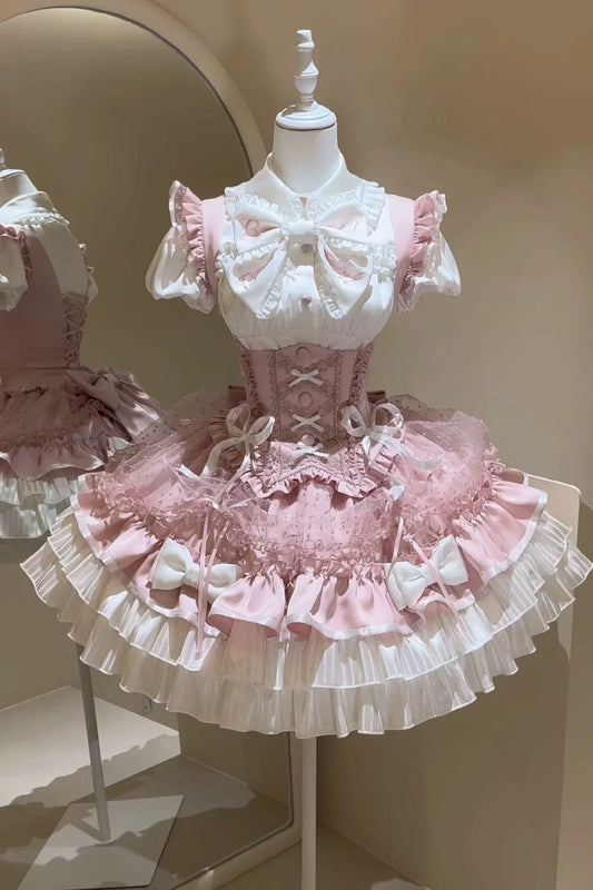 [order Deadline: May 12] Pink White Sweet Lolita Idol Ribbon Puff Sleeve Shirt + Corset Tulle Pull-up Jks Dress Set