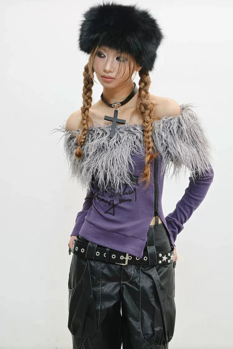 Zip Faux Fur Shoulder Top