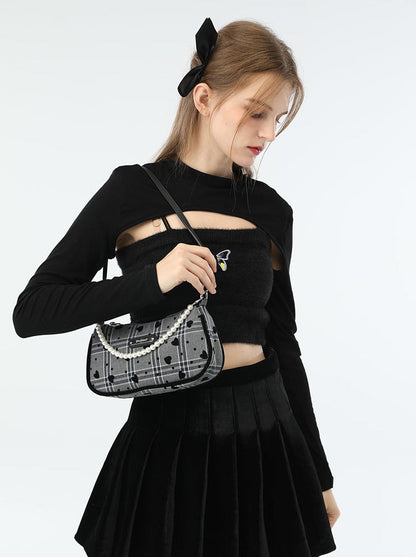 American Retro Sweet Cool Love Plaid Pearl Handle Shoulder Bag