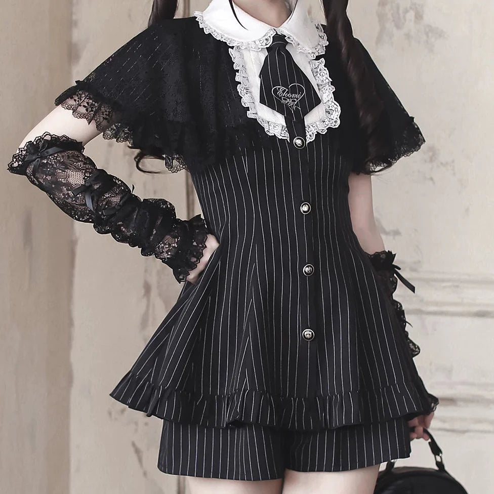 [reservation Deadline: May 15] Black Pinstripe Lace Cape Design Thai Collar Dress Suit Full Set + Accessories