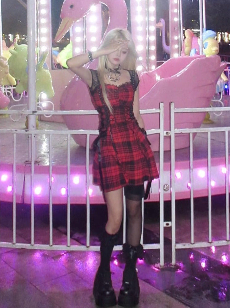 Y2k Black Red Hot Girl Lace Eyelets Suspender Dress