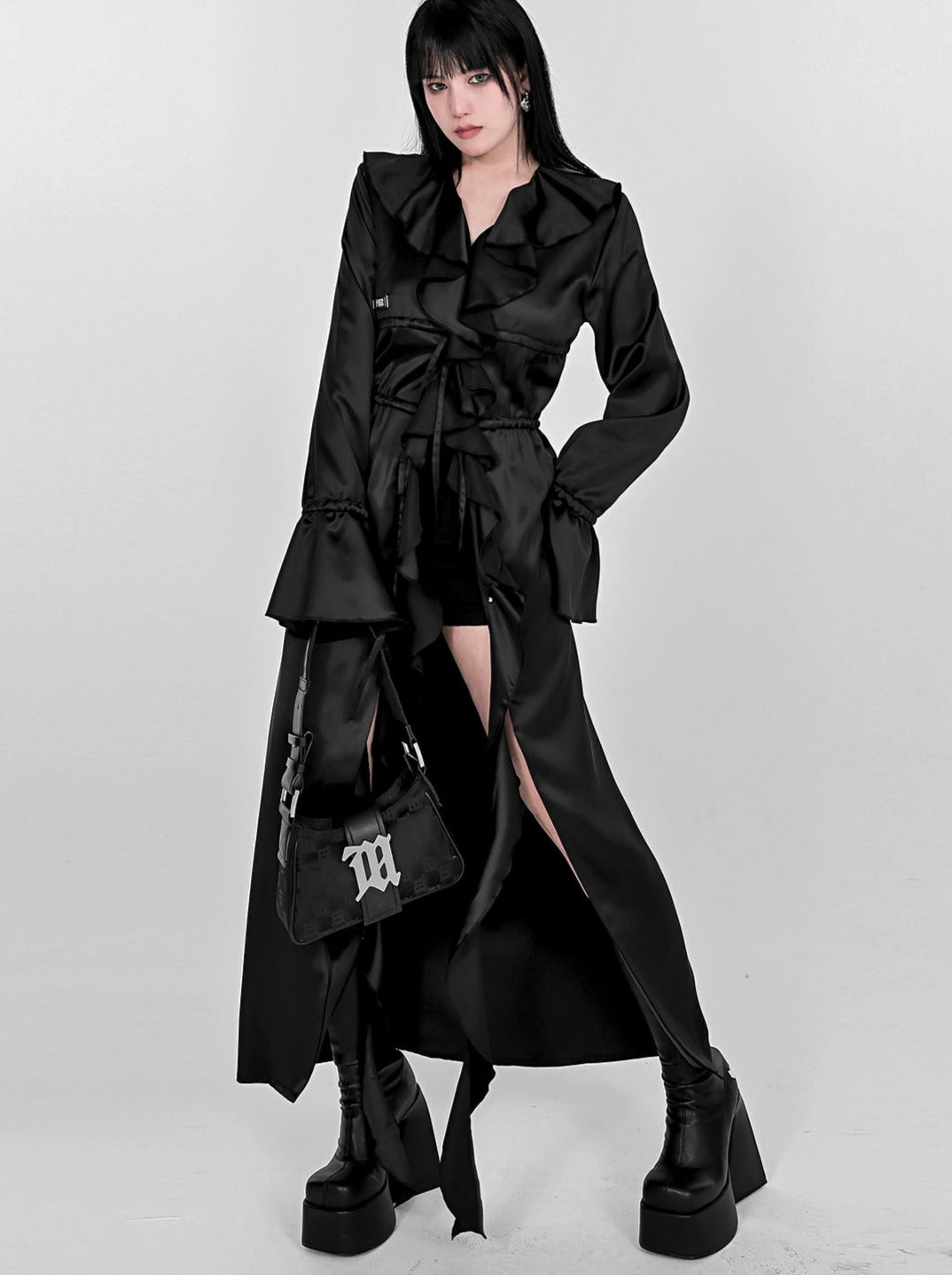 Ruffle Lace Drawstring Waist Shirt Extra Long Jacket