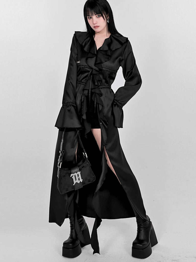 Ruffle Lace Drawstring Waist Shirt Extra Long Jacket