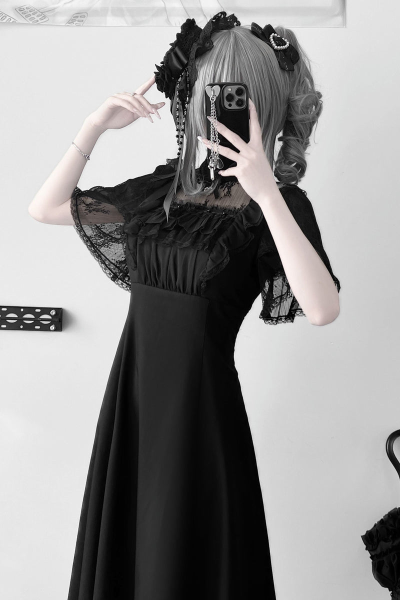 [pre-order] Lace Pearl Sheer Sleeve Long Dress