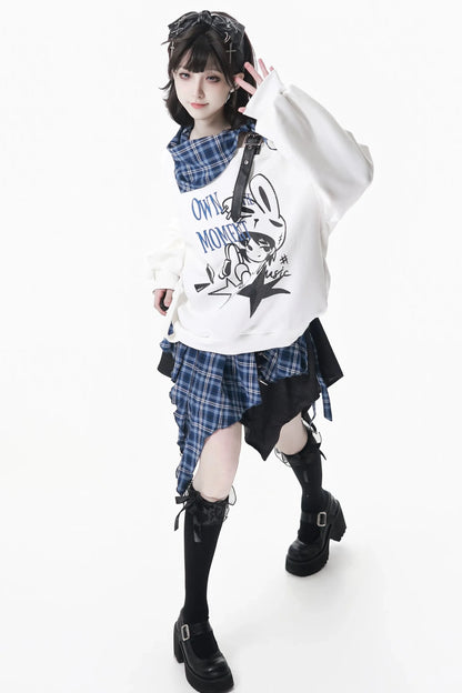 Off-shoulder Sweatshirt Top + Asymmetric Skirt + Long Pants