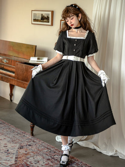 [pre-order] Black Square Collar French Retro Dress + Waist Ribbon + Black Ribbon Headband + Pearl Necklace