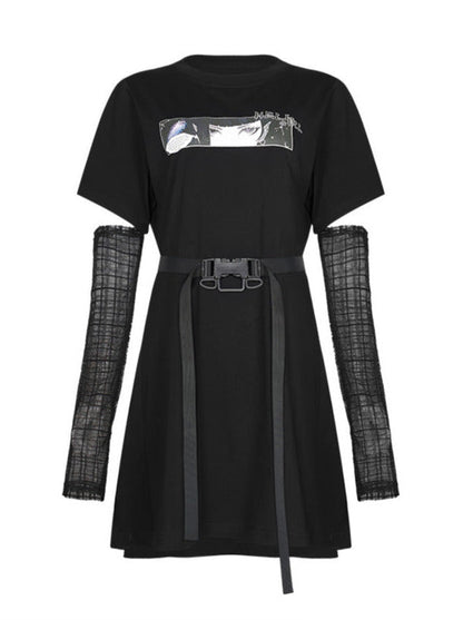 Sheer Long Sleeve Buckle Belt Dress-t