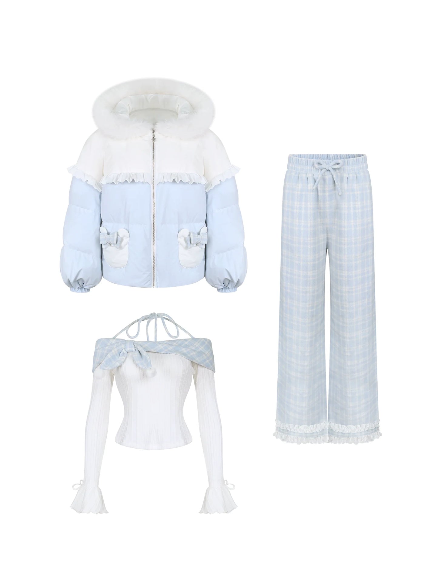 Teddy Down Jacket + Knit Top + Plaid Pants