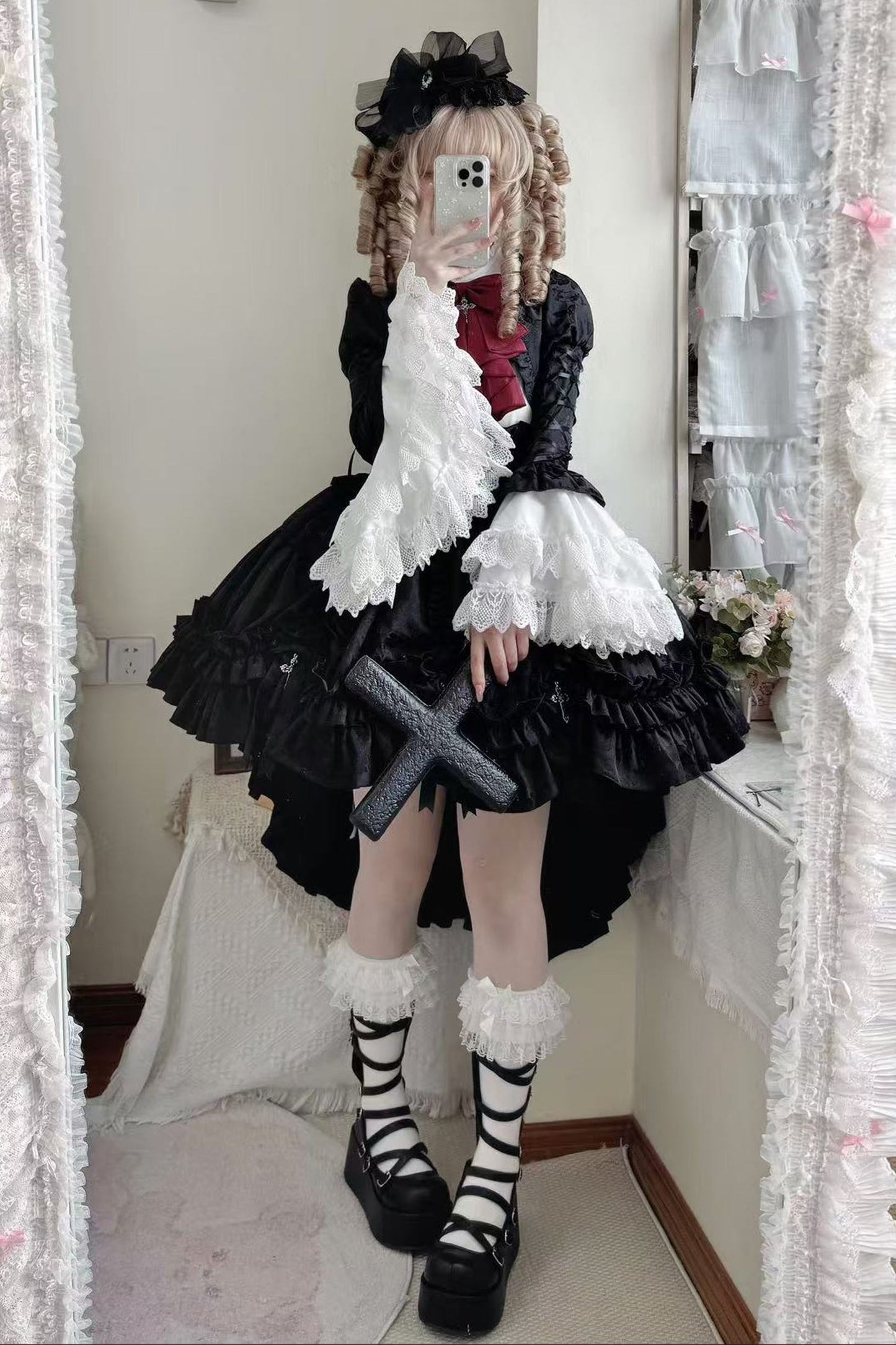 [pre-order Deadline: March 31] Cross Nocturne Gothic Dark Stripe Layered Top + Cross Rose Stripe Pull Up Skirt