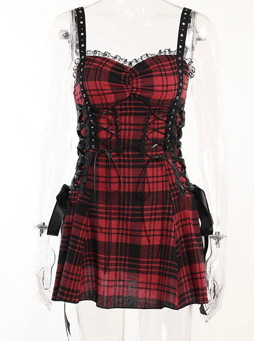 Y2k Black Red Hot Girl Lace Eyelets Suspender Dress