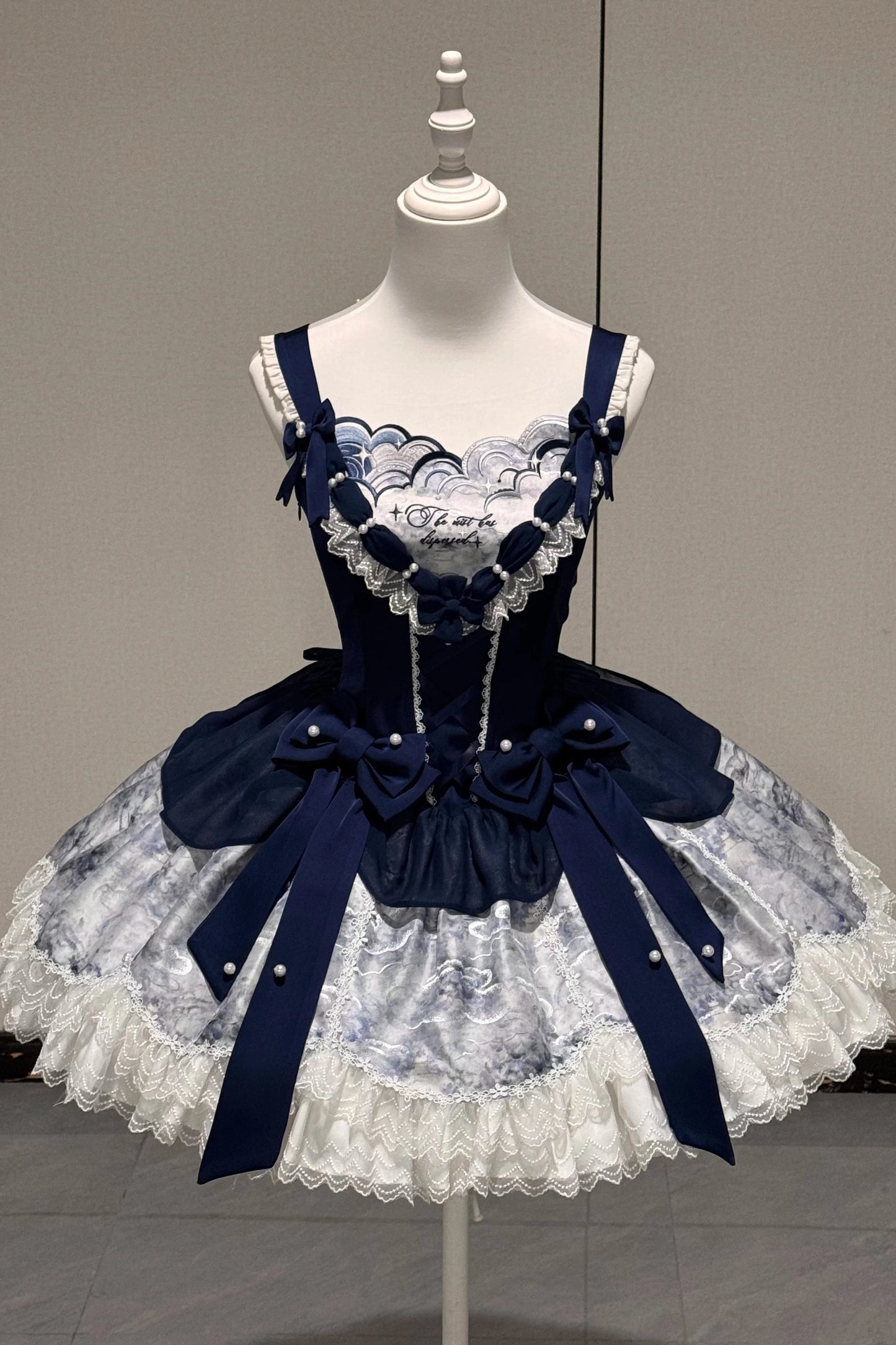 [pre-order Deadline: May 6] Dark Blue Moonlight Sea Lace Ribbon Layered Dress + Accessories