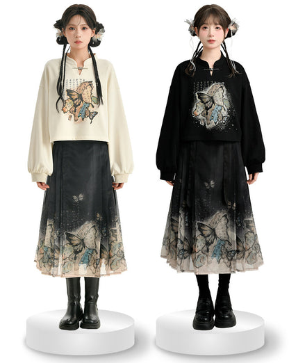 Chinese-style Butterfly Cropped Sweatshirt + Zip Design Hoodie Dress + Black Hoodie [pre-order]