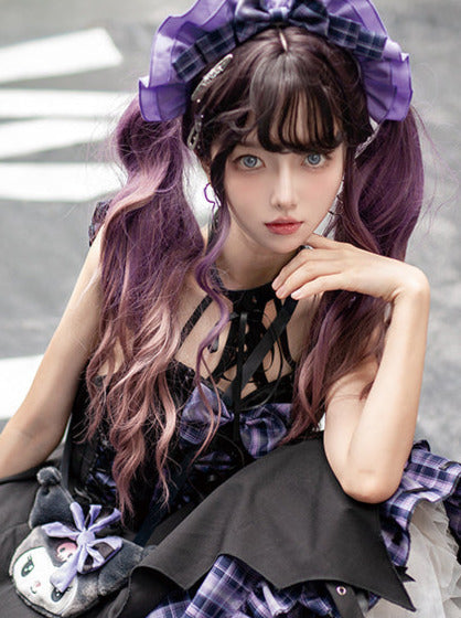 Punk Rock Halterneck Irregular Plaid Suspender Dress + Head Accessories