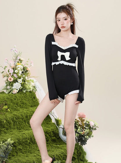 Cover Long Sleeve Monochrome Ribbon Swimsuit