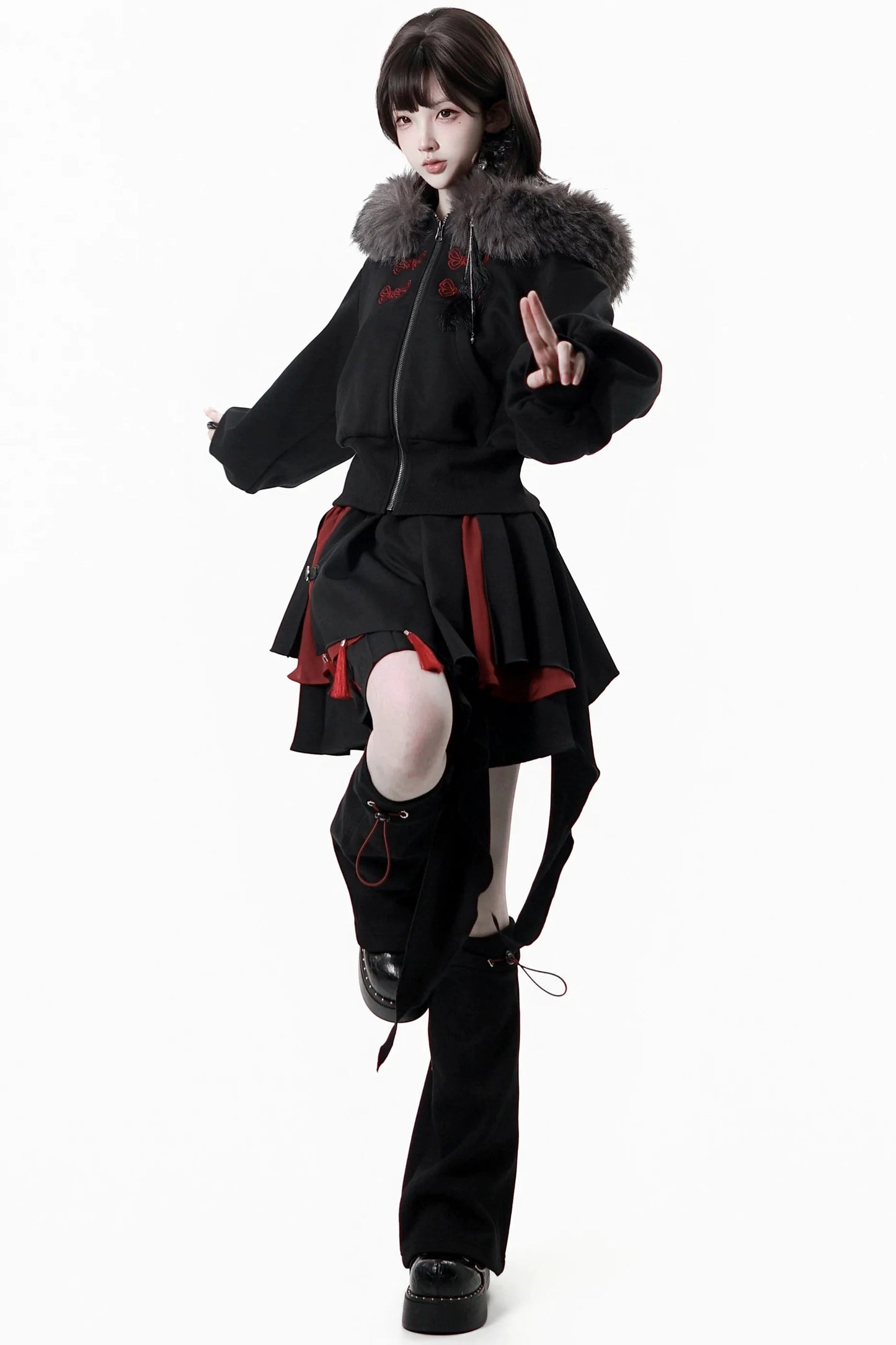 Dark Detachable Fur Jacket + Skirt + Pants
