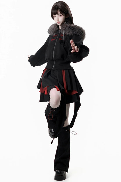Dark Detachable Fur Jacket + Skirt + Pants