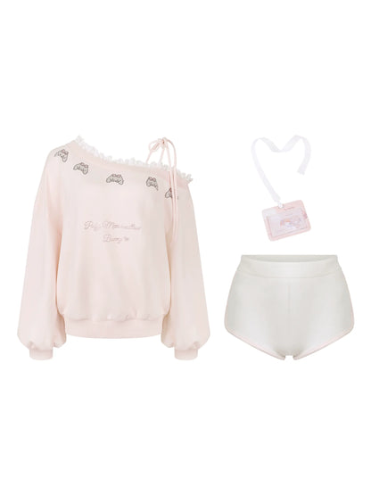 One Shoulder Sweet Sweatshirt + Shorts