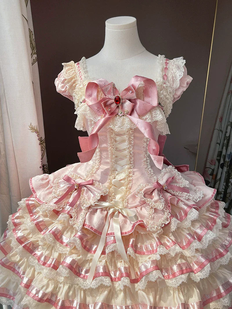 [pre-order Deadline: April 30] Sweet Pink Lolita Lace Ribbon Tiered Ruffle Princess Dress