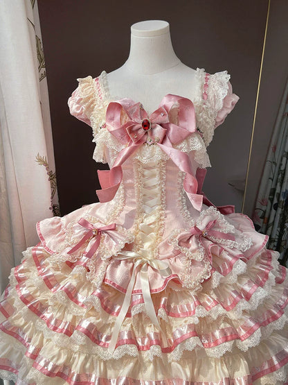 [pre-order Deadline: April 30] Sweet Pink Lolita Lace Ribbon Tiered Ruffle Princess Dress