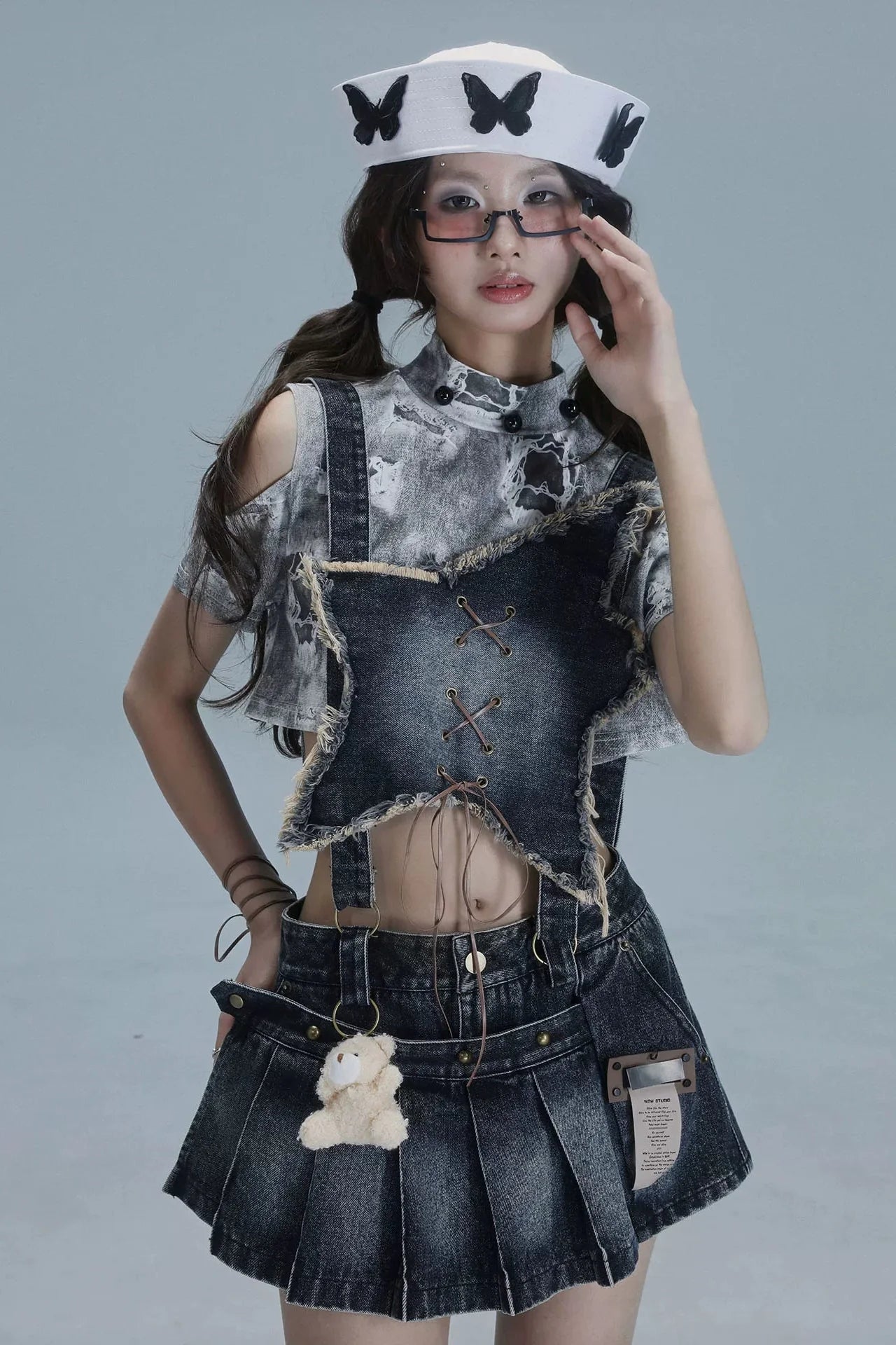 Y2k Star Denim Overall Skirt + Inner Top
