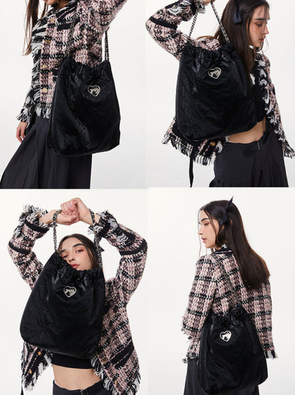Cool Metal Diamond Quilted Leather Chain Tote Bag