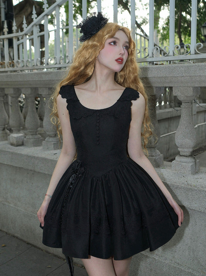 Night Traveler Classic Black Gothic Lace Jacket Dress + Ruffle White Blouse and Black Dress