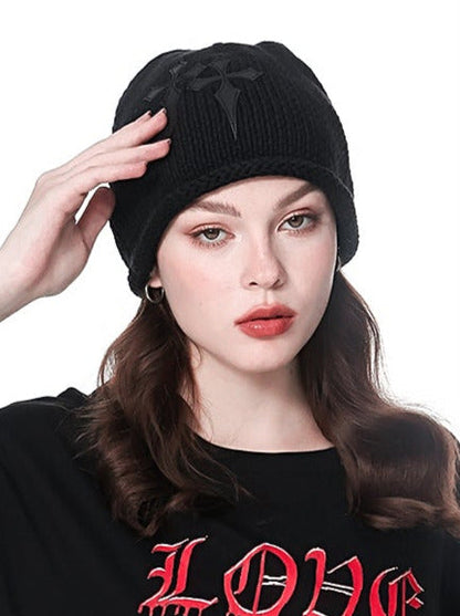 Dark Cross Leather Layered Knit Beanie