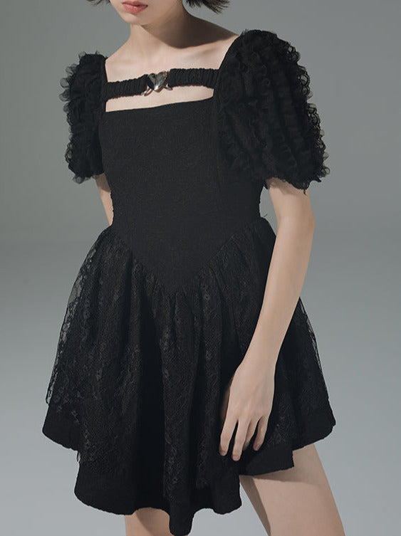 Pure Desire Metal Heart Volume Puff Sleeve Dress