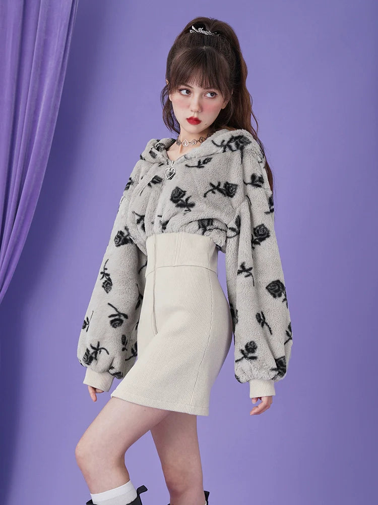 Pure Desire Rose Fur Hoodie Zip Skirt Dress