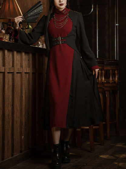 Retro Wine Red Black Oriental Chinese-style Trumpet Sleeve Long Dress