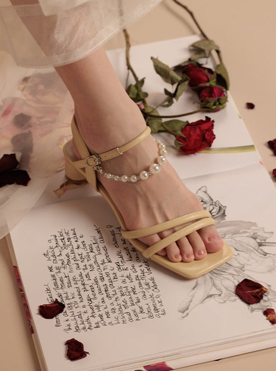 Pearl Chain Strap Square Sandals