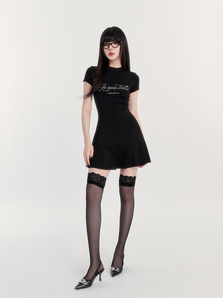 Rhinestone Logo Pleated Dress