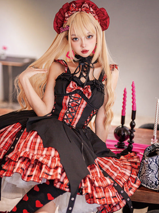 Punk Rock Halterneck Irregular Plaid Suspender Dress + Head Accessories