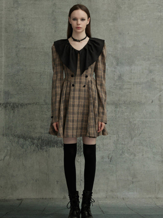 Pointed Ruffle Collar French Plaid Dress