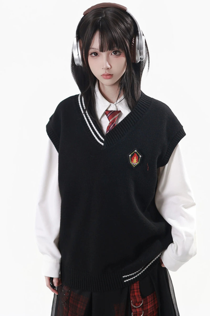 College Knit Vest + Shirt + Long Skirt + Pants + Tie