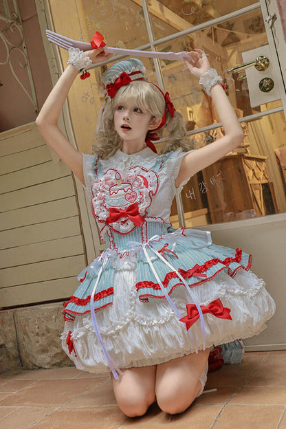 [pre-order Deadline: April 3] Twin Tiered Lolita Dot Ribbon Striped Dress + Flower Bud Skirt Dress