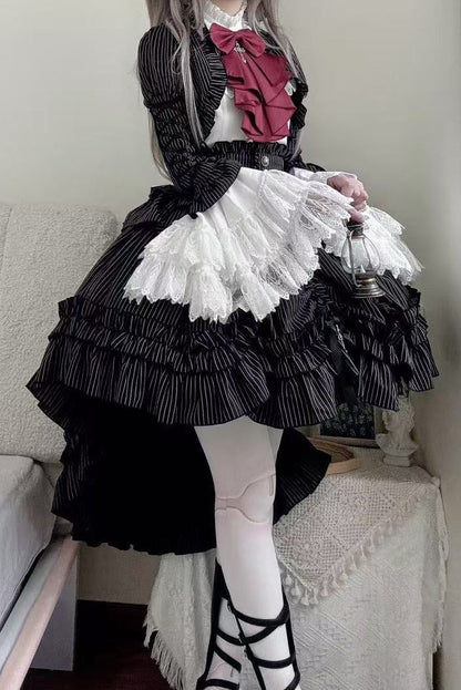[pre-order Deadline: March 31] Cross Nocturne Gothic Dark Stripe Layered Top + Cross Rose Stripe Pull Up Skirt
