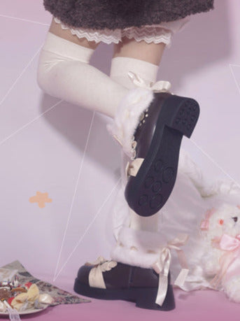 Snow Lolita Mid-heel Color Block Ribbon Sweet Velvet Short Boots