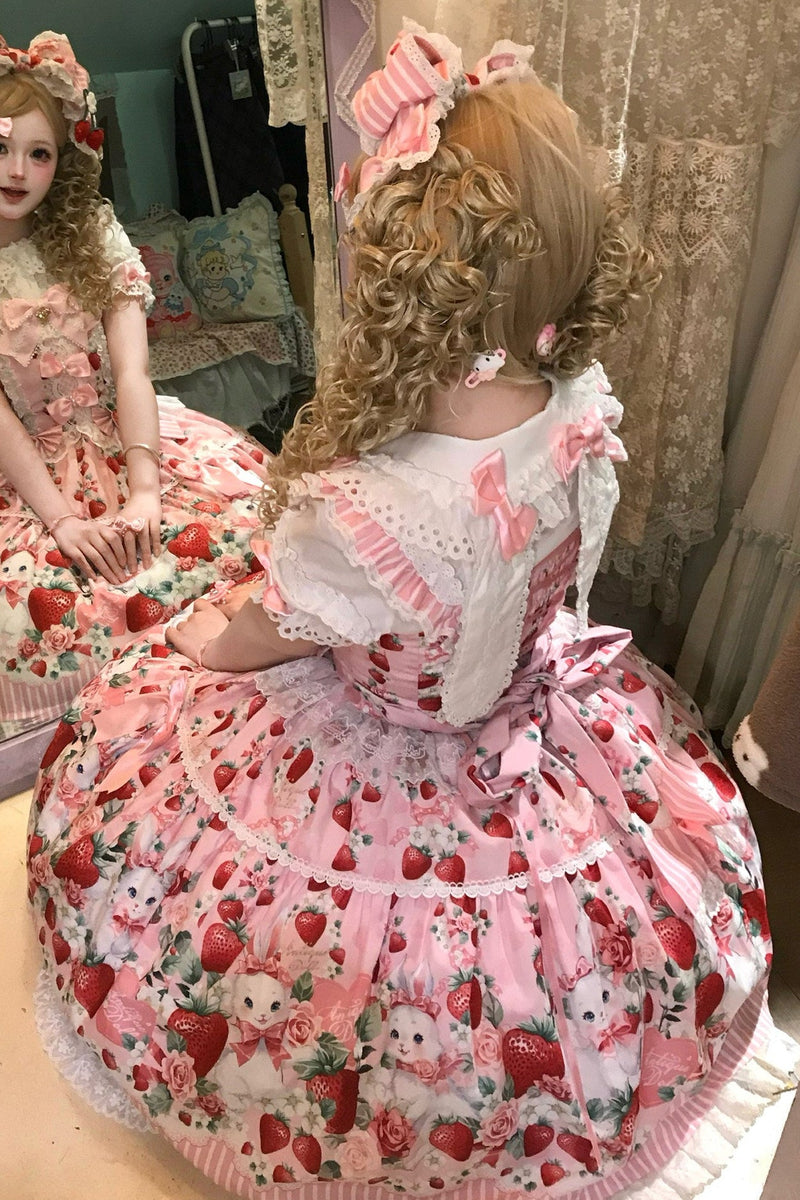 [pre-order Deadline: April 29] Strawberry Rabbit Ear Ribbon Shirt + Ruffled Shoulder Lace Ribbon Jk School Uniform Dress + Full Set/complete Set